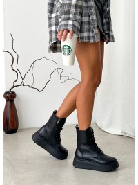 Жіночі шкіряні черевики на шнуровці (хутро) чорного кольору 35041