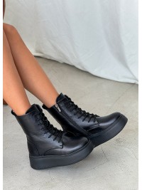 Жіночі шкіряні черевики на шнуровці (цигейка) чорного кольору 35042