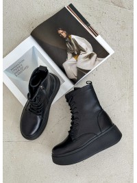 Жіночі шкіряні черевики на шнуровці (цигейка) чорного кольору 35042