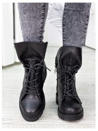 Жіночі шкіряні черевики на шнуровці (хутро) чорного кольору 35043