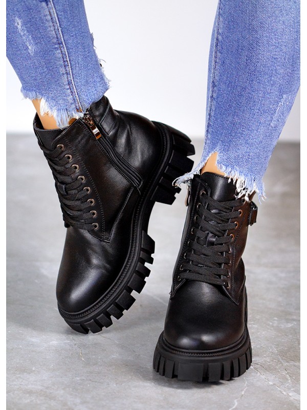 Жіночі шкіряні тракторні черевики (байка) чорного кольору 35052