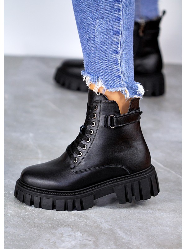 Жіночі шкіряні тракторні черевики (байка) чорного кольору 35052