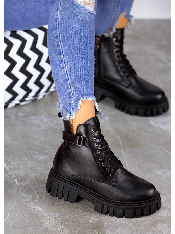 Жіночі шкіряні тракторні черевики (байка) чорного кольору 35052