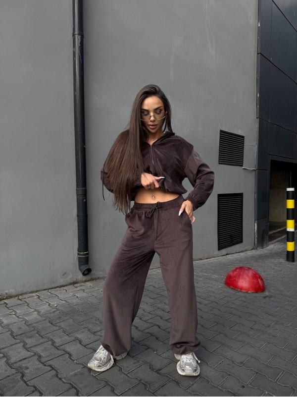 Велюровий жіночий костюм з начісом кавового кольору 35053