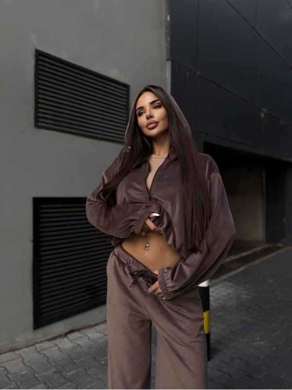 Велюровий жіночий костюм з начісом кавового кольору 35053