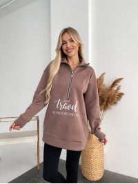 Жіночий подовжений світшот на флiсi кавового кольору 35054