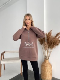 Жіночий подовжений світшот на флiсi кавового кольору 35054