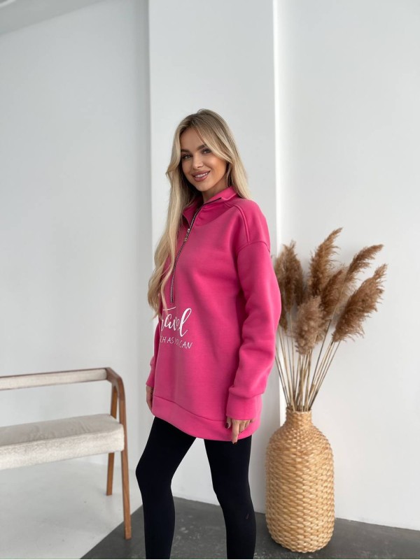 Жіночий подовжений світшот на флiсi малинового кольору 35055