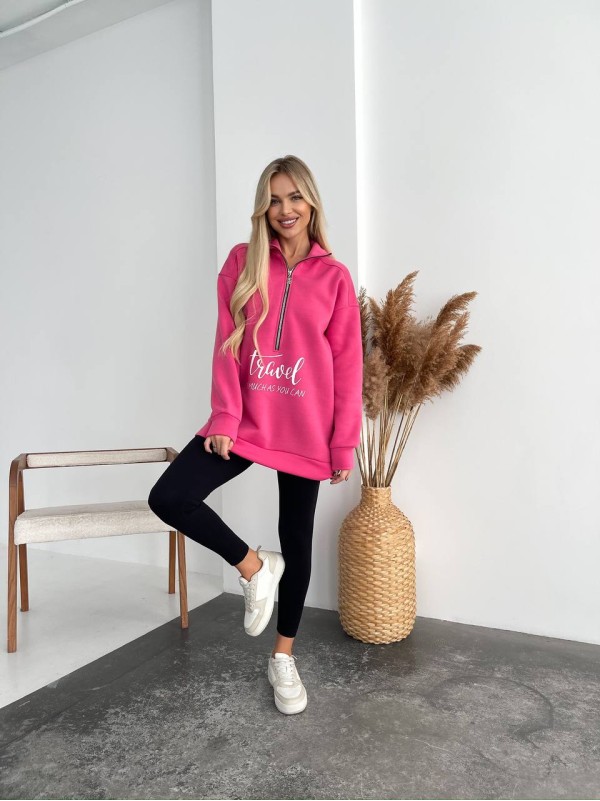 Жіночий подовжений світшот на флiсi малинового кольору 35055