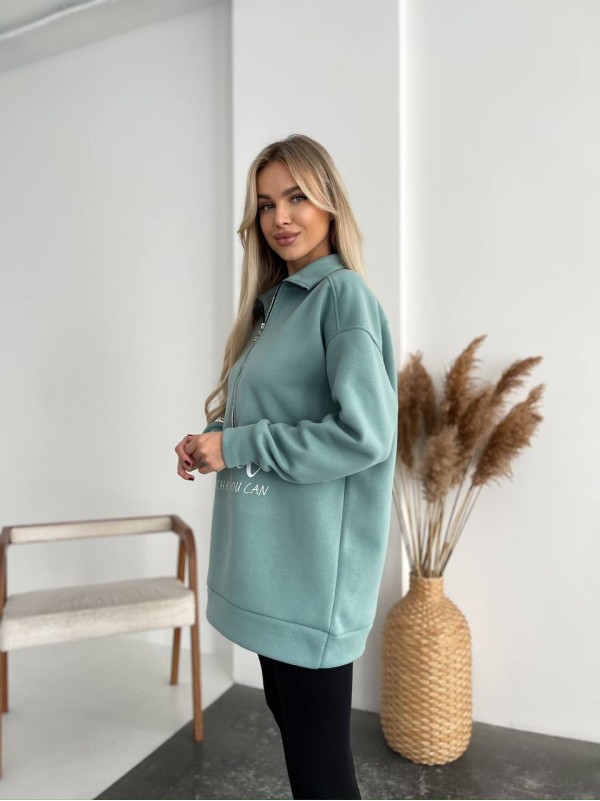 Жіночий подовжений світшот на флiсi фiсташкового кольору 35056