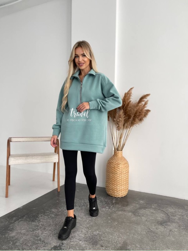 Жіночий подовжений світшот на флiсi фiсташкового кольору 35056