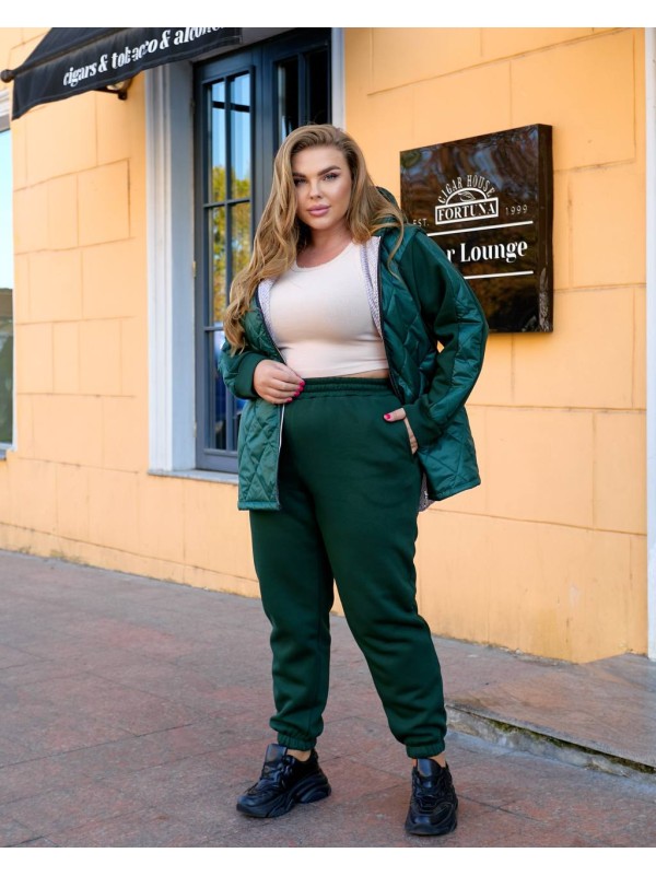 Жіночий теплий костюм штани+куртка смарагдового кольору 35081