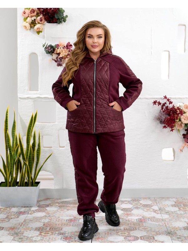 Жіночий теплий костюм штани джогери+куртка бордового кольору 35094