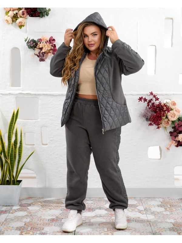 Жіночий теплий костюм штани джогери+куртка графiтового кольору 35097