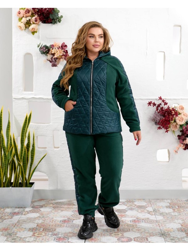 Жіночий теплий костюм штани джогери+куртка смарагдового кольору 35098