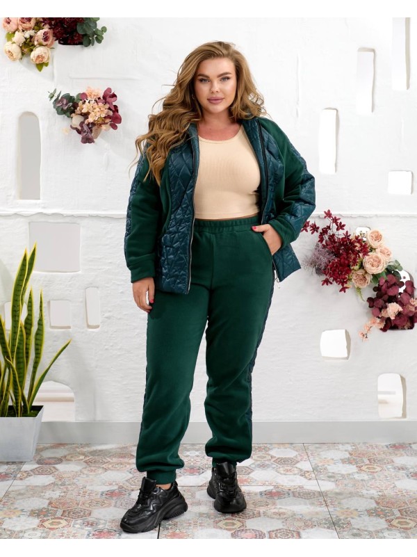 Жіночий теплий костюм штани джогери+куртка смарагдового кольору 35098