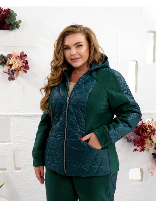 Жіночий теплий костюм штани джогери+куртка смарагдового кольору 35098