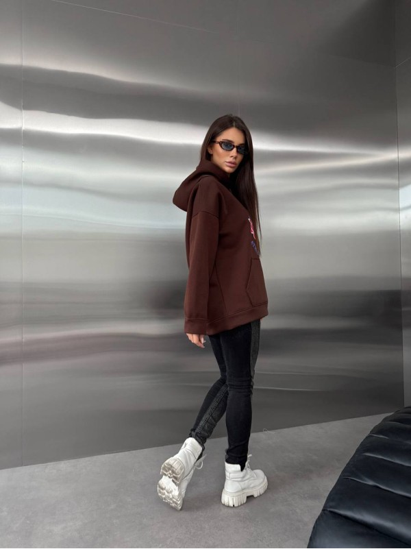 Жіноче худі вільного крою з написом коричневого кольору 35107