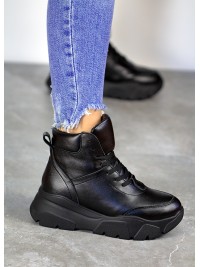 Жіночі шкіряні спортивні черевики (хутро) чорного кольору 35109