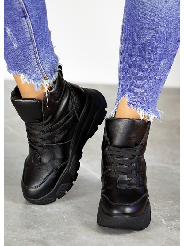 Жіночі шкіряні спортивні черевики (хутро) чорного кольору 35109