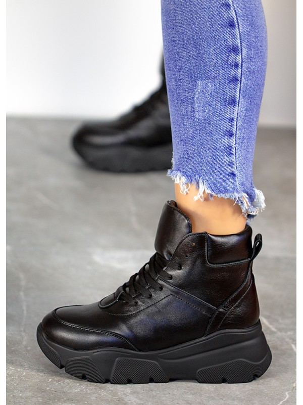Жіночі шкіряні спортивні черевики (хутро) чорного кольору 35109