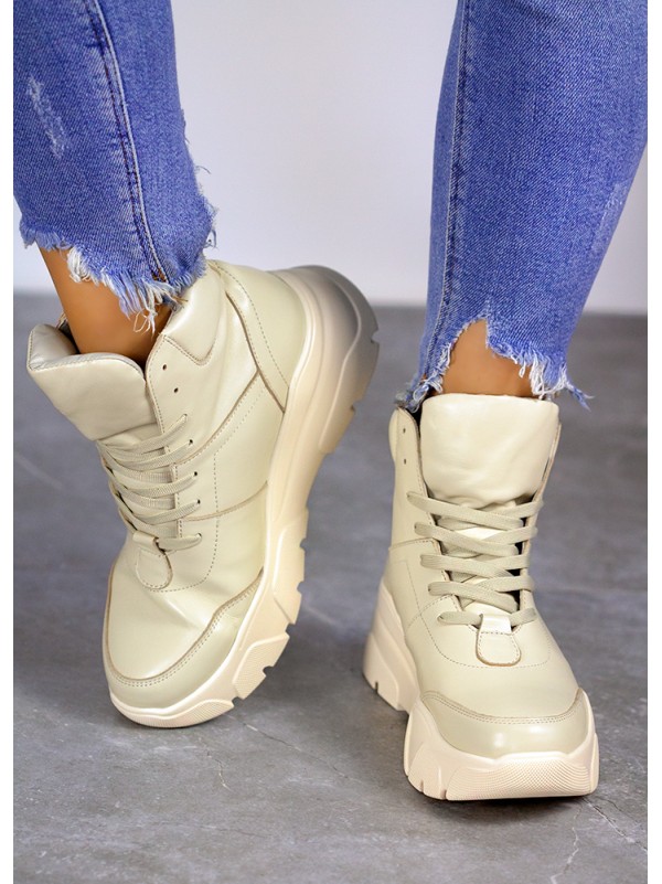 Жіночі шкіряні спортивні черевики (хутро) бежевого кольору 35110