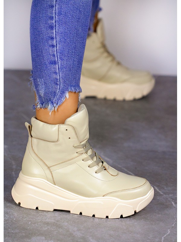 Жіночі шкіряні спортивні черевики (хутро) бежевого кольору 35110