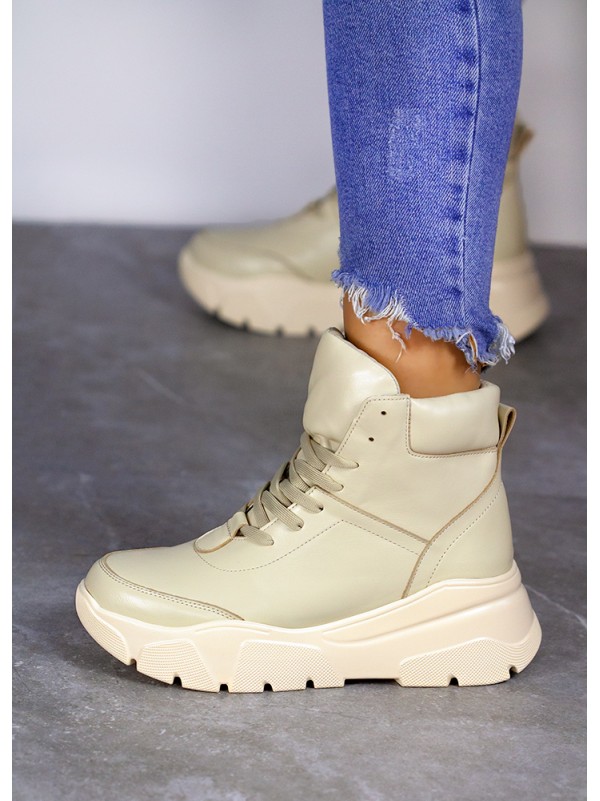 Жіночі шкіряні спортивні черевики (байка) бежевого кольору 35111