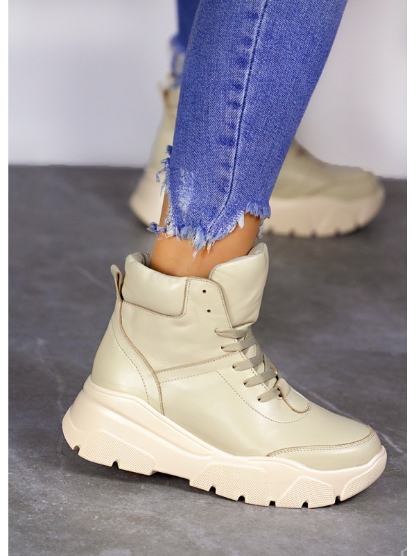 Жіночі шкіряні спортивні черевики (байка) бежевого кольору 35111