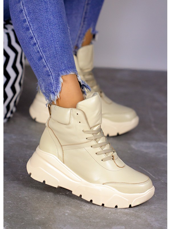 Жіночі шкіряні спортивні черевики (байка) бежевого кольору 35111
