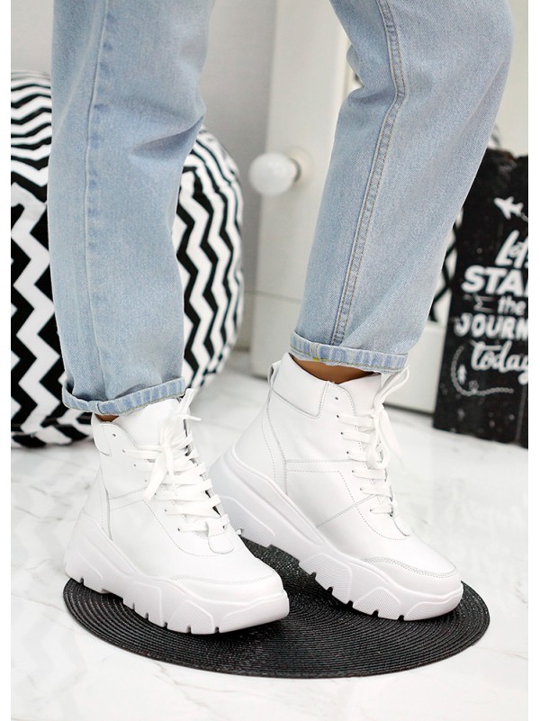 Жіночі шкіряні спортивні черевики (хутро) білого кольору 35112