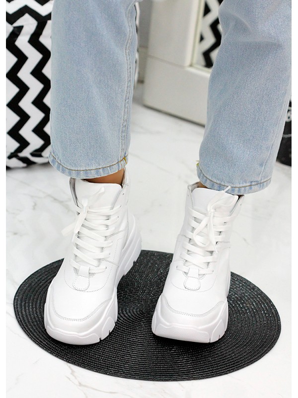 Жіночі шкіряні спортивні черевики (хутро) білого кольору 35112