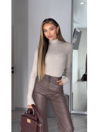 Жіночі штани з еко-шкіри на флiсе коричневого кольору 35119
