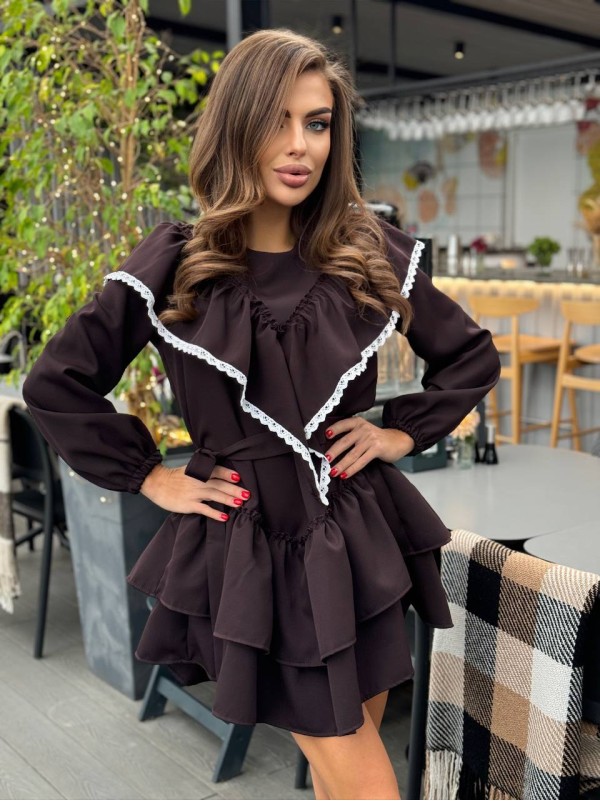 Сукня міні з воланами коричневого кольору 35125