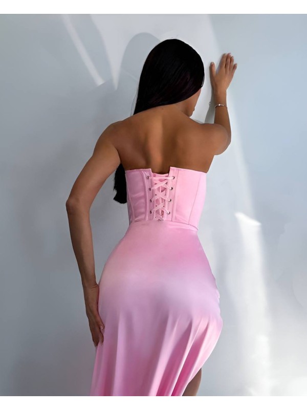 Довга шовкова спідниця з розрiзом рожевого кольору 35128