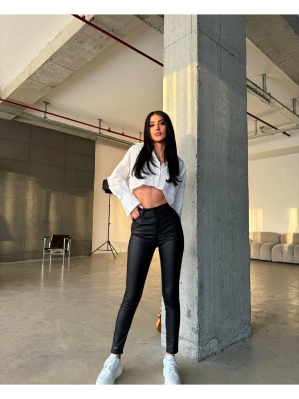 Жіночі штани з еко-шкіри на флiсi чорного кольору 35141