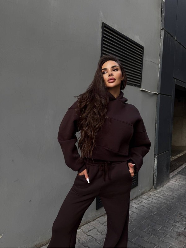 Жіночий теплий костюм з капюшоном коричневого кольору 35156