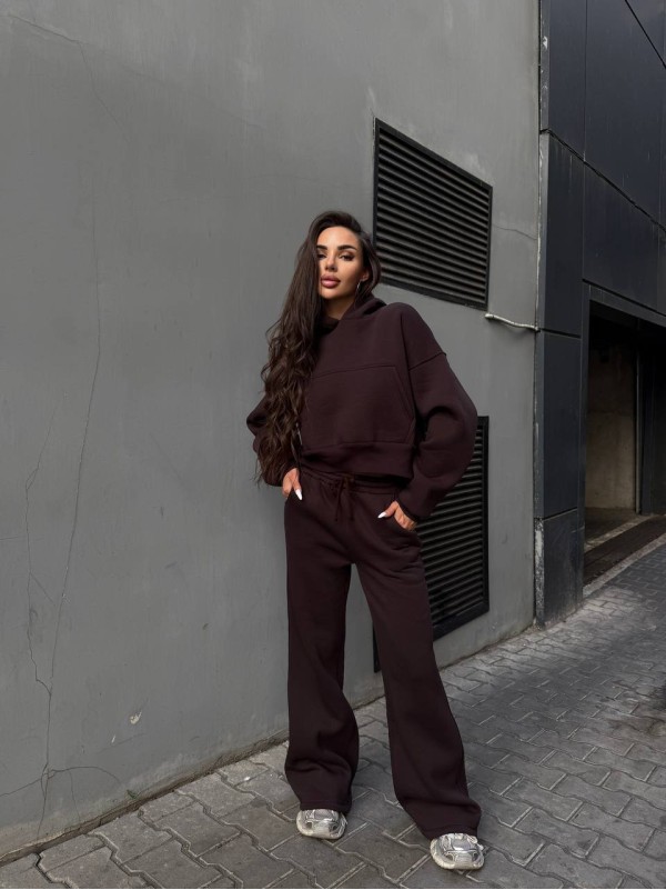 Жіночий теплий костюм з капюшоном коричневого кольору 35156