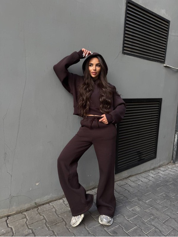 Жіночий теплий костюм з капюшоном коричневого кольору 35156