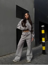 Жіночий теплий костюм з капюшоном графiтового кольору 35157