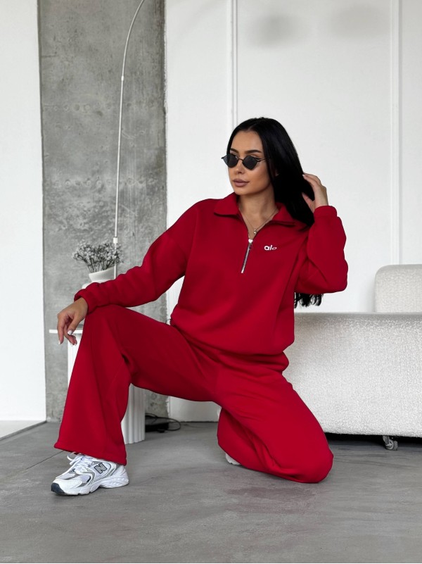 Жіночий теплий костюм на флiсi червоного кольору 35179