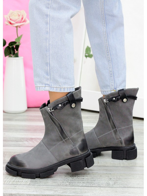 Жіночі шкіряні черевики (Хутро) сірого кольору 35182