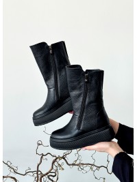 Жіночі шкіряні черевики на платформі (Хутро) чорного кольору 35183
