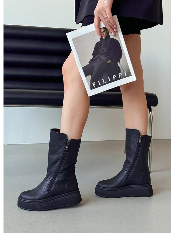 Жіночі шкіряні черевики на платформі (Хутро) чорного кольору 35183