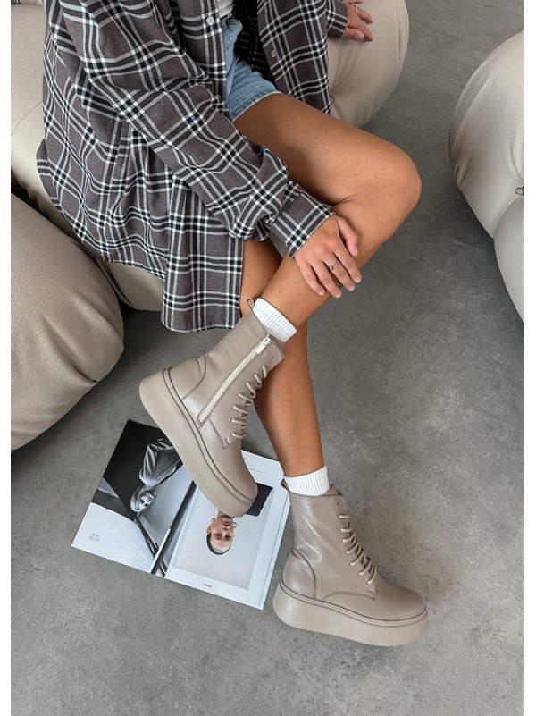 Жіночі шкіряні черевики на платформі (Байка) кавового кольору 35185