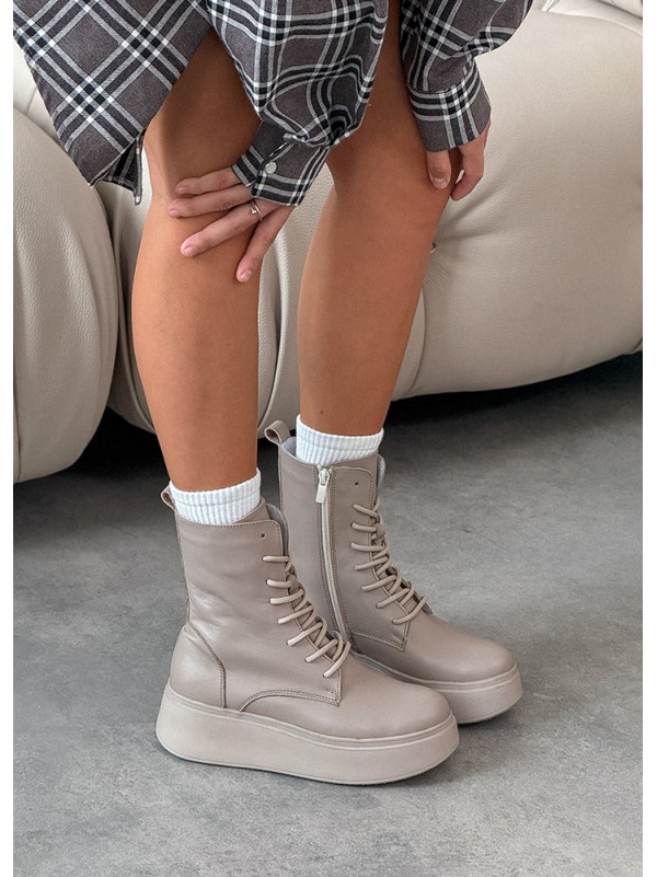 Жіночі шкіряні черевики на платформі (Байка) кавового кольору 35185