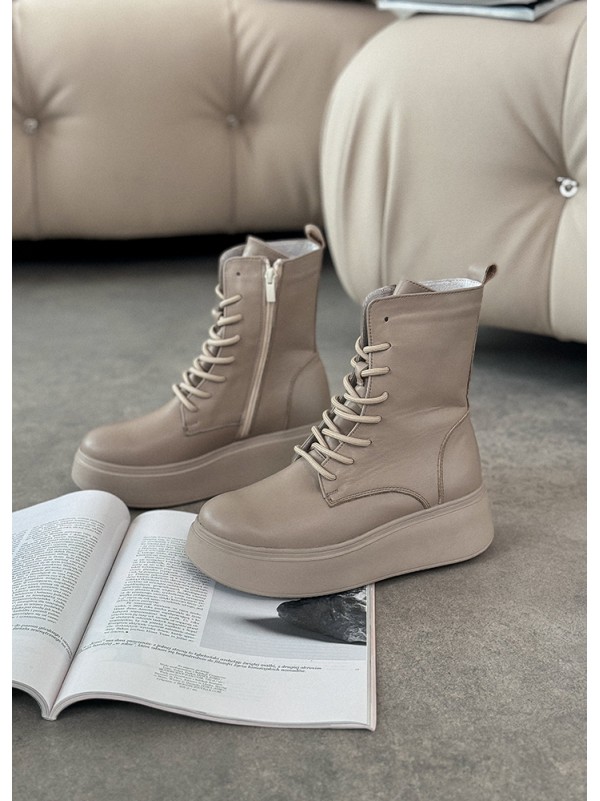 Жіночі шкіряні черевики на платформі (Байка) кавового кольору 35185