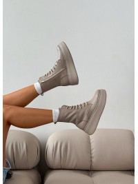 Жіночі шкіряні черевики на платформі (Хутро) кавового кольору 35186