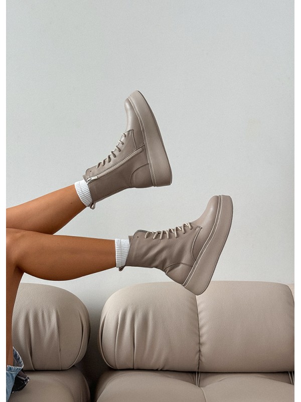 Жіночі шкіряні черевики на платформі (Хутро) кавового кольору 35186