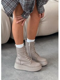 Жіночі шкіряні черевики на платформі (Цигейка) кавового кольору 35187